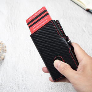 Casekey Custom Logo Fashion Carbon Fiber Leather Smart <b>Wallet</b> Rfid Protection Metal Popup Card <b>Holder</b> With Zipper for Men - Product Image 1