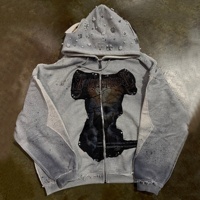 Hoodie Pria Kasual Vintage Streetwear Y2K High Street Bordir Custom Musim Dingin 380gsm 100% Katun Rhinestone DTG Print Distress