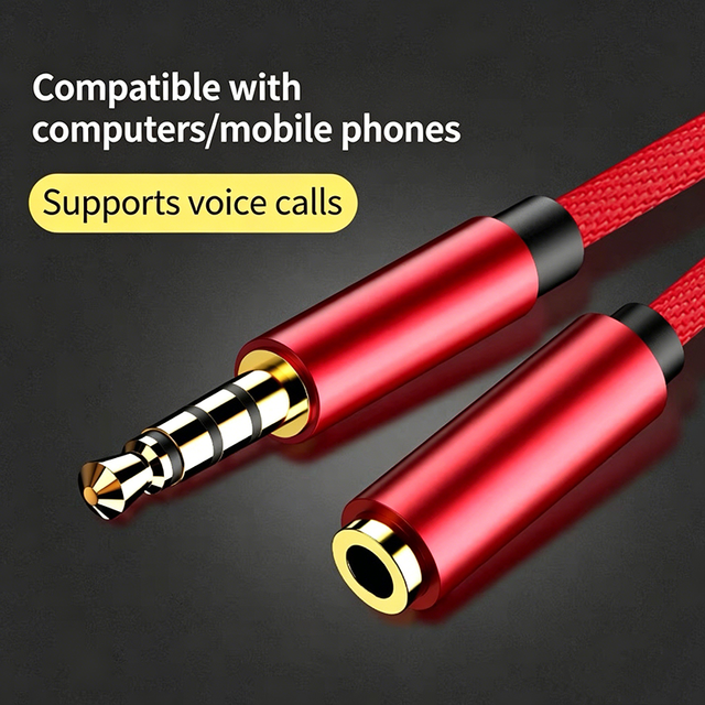 Male to Female 3.5mm Gold Plated Aux Extension Cable with Nylon Braid Shielding for Computer Red Stereo Audio Headphone Speaker