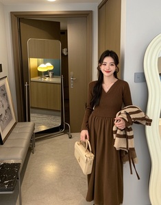 Bracket Collar Knitted <strong>Maternity</strong> Dresses <strong>Autumn</strong> and Winter Comfortable <strong>Wear</strong> Exquisite Medium Long Sweater Dresses