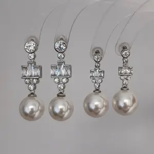 Orecchino di zircone a catena lunga con perla a goccia in argento placcato in rame Fine moda orecchini di gioielli donna all'ingrosso