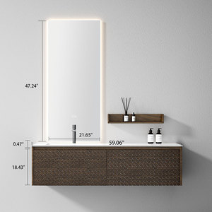 <strong>Vanity</strong> Bathroom Artistic Design Luxury Fluted <strong>Wood</strong> Floating Bathroom <strong>Vanity</strong> With Oval LED Backlit Mirror <strong>Vanity</strong> <strong>Unit</strong> - Product Image 2