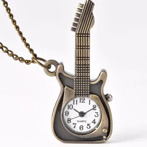 蒸汽朋克古董怀表青铜吉他造型石英怀表礼品项链吊坠手表女士礼物