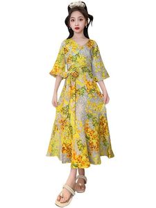 เดรสคอวีลายดอกไม้สีเหลืองสำหรับเด็กผู้หญิงชุดเดรส2023หรูหราสำหรับฤดูร้อน - Product Image 2