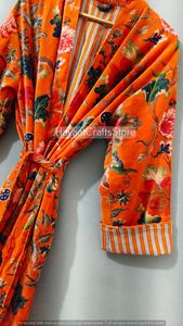 Orange Floral Printed Velvet Kimono Robe Women's Long Sleeve Wrap Bathrobe Autumn Winter Dressing Gown - Product Image 3