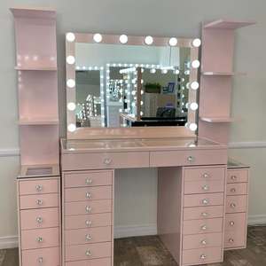 <span class=keywords><strong>Table</strong></span> de toilette moderne de luxe en bois avec <span class=keywords><strong>miroir</strong></span> LED, bureau de maquillage Hollywood avec tiroirs, station de charge pour chambre à coucher - Product Image 2