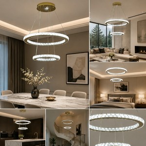 Lustre moderne de luxe en cristal K9 transparent, forme à 2 anneaux, lampe suspendue au plafond avec télécommande pour salon - Product Image 3