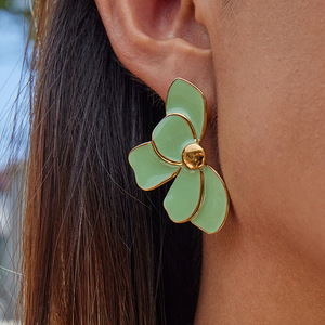 Flower <b>Stud</b> <b>Earrings</b> 18K Gold Plated Stainless Steel White Pink Green Women's Fashion Jewelry - Product Image 4