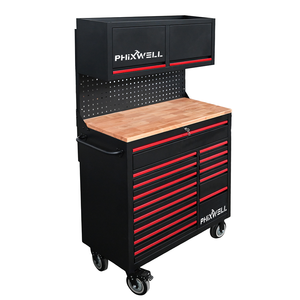 Chariot à <span class=keywords><strong>outils</strong></span> d'atelier personnalisable PHIXWELL avec plateau <span class=keywords><strong>en</strong></span> <span class=keywords><strong>bois</strong></span>, armoire supérieure et panneau arrière, pour réparation automobile industrielle, compatible OEM - Product Image 4