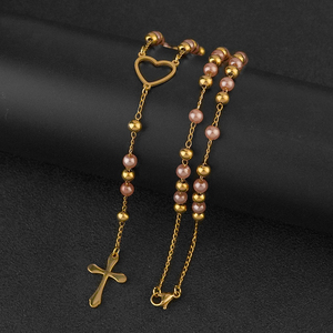 Collier chapelet en acier inoxydable plaqué or avec perles, pendentif Vierge Marie et croix, collier lariat, bijou de mode superposable pour femme - Product Image 5