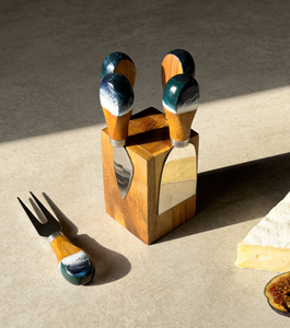 <b>Wood</b> Cheese Knife Set 4-Piece With Blue Resin Handles And Wooden <b>Block</b> Stand For Serving - Product Image 2