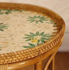 Mesa Redonda de Mimbre y Ratán Vietnamita con Bandeja de Nácar para Sala de Estar, Hotel, Villa, Decoración, Muebles a Precio Económico - Product Image 2