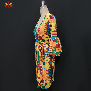 Robe pour femme, imprimé africain Kente, sexy, décolleté <span class=keywords><strong>en</strong></span> V profond, manches <span class=keywords><strong>longues</strong></span> bouffantes, imprimé, cardigan à bretelles, grande taille, décontractée, avec ceinture - Product Image 3