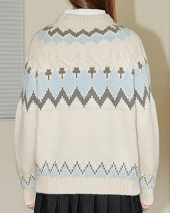 Nuovo Maglione <span class=keywords><strong>Oversize</strong></span> da Donna in <span class=keywords><strong>Maglia</strong></span> Spessa con Motivo Geometrico, Pullover Bianco Stile Fair Isle Retrò - Product Image 2