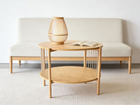 Mesa de Centro Circular Combohome, Mesa Auxiliar para Sala de Estar con Acabado en Carbón, Mesa Lateral para Sofá con Ratán Natural
