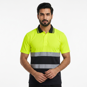 Polo de sécurité haute visibilité respirant en polyester/coton unisexe, réfléchissant, pour le travail et la construction, jaune et vert à rayures et carreaux - Product Image 1
