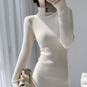 Femmes décontracté mi-longueur genou <span class=keywords><strong>manteau</strong></span> robe pull à col roulé hanche-étreinte <span class=keywords><strong>tricot</strong></span>é bas solide Simple mode pour automne hiver - Product Image 3