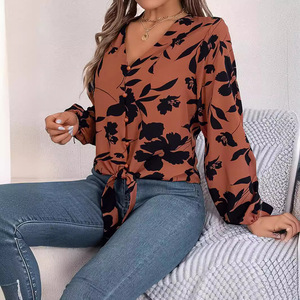 Autumn and Winter Casual Color-Collision Flower Lantern Sleeve <b>Tie</b> Chiffon Shirt Women's Tops Fashion - Product Image 2