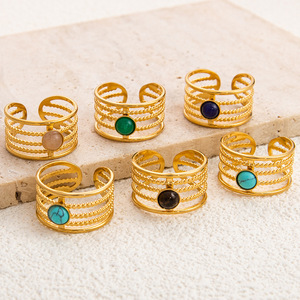 แหวนหินธรรมชาติสไตล์ยุโรปอเมริกัน ปรับขนาดได้ แหวนสแตนเลสทรงเรโทรทันสมัยสำหรับผู้หญิง เครื่องประดับสำหรับงานปาร์ตี้ - Product Image 2