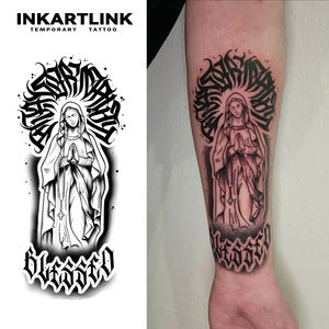 INKARTLINK Autocollant de tatouage Vierge Marie, lettrage bénit, halo gothique, esthétique religieuse, à base de plantes, 15 jours, fournitures en gros - Product Image 1