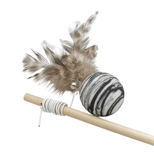 Feather Cat Teasing Stick Striped Ball <b>Wooden</b> Handle Interactive Toy for Cats - Product Image 1