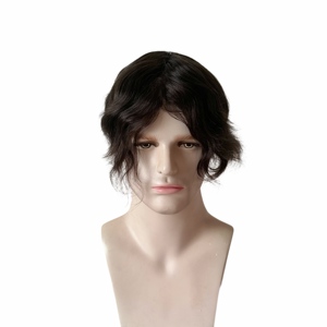 <b>Mens</b> 0.02-0.03mm Full Pu V Loop Natural Wave Human Hair <b>Wigs</b> Male Toupee Piece Hair System Hair for Best Price Good Quality#1B - Product Image 4