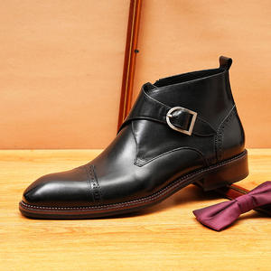 Bottes courtes tendance, style de travail en cuir, motif décoratif à lacets, haute tige, chaussures pour hommes rétro d'hiver mi-mollet - Product Image 1