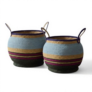 Cestas de Almacenamiento de 2 Piezas Hechas a Mano con Mimbre y Asas, Cestas Redondas de Tela a Rayas para Organización del Hogar, Cesto para Ropa Sucia - Product Image 1