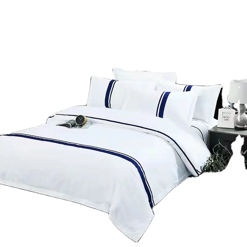Juego de cama de algodón con logotipo personalizado, funda de edredón, funda de almohada, sábanas planas para hotel, venta al por mayor