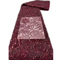 Tissu KC de luxe en dentelle bordeaux, tulle entièrement orné de strass floraux et de sequins pour robe de soirée formelle de Dubaï