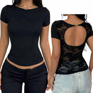 Haut court noir à manches courtes pour femme, dos en dentelle avec découpe transparente, col rond, style punk streetwear, nouvelle collection été 2026 - Product Image 1