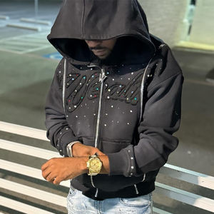 Sudadera con Capucha Corta de Algodón Oversize de Diseño Exclusivo con Logotipo Bordado Personalizado de Pedrería, de Alta Calidad, para Fabricantes de Ropa Urbana - Product Image 1