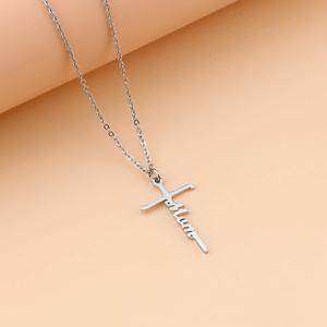 Stainless Steel Cross Pendant <strong>Necklace</strong> Gift Name Carving Fine Fashion Jewelry <strong>Necklaces</strong> for Men Women Waterproof Silver Faith - Product Image 3