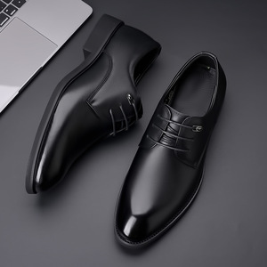 Men's Black Leather Plain <b>Toe</b> Derby Shoes Lace-Up Formal Business Footwear With Low Block <b>Heel</b> For Office And Special Occasions - Product Image 1