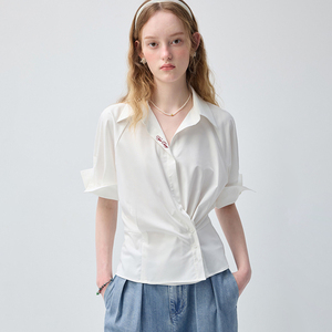 VEGA CHANG <span class=keywords><strong>Camicetta</strong></span> Bianca Stile Minimalista Chic <span class=keywords><strong>con</strong></span> Vita Intrecciata, Colletto a Risvolto e Manica <span class=keywords><strong>Corta</strong></span>, Top Casual all'Ingrosso - Product Image 1