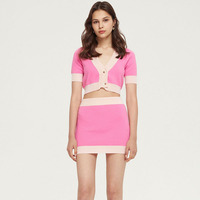 Ensemble de deux pièces en tricot pour femmes, haut de survêtement rose personnalisé et short skinny