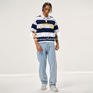 MAKITAPE Vente en gros T-shirt homme à manches courtes avec impression de rayures personnalisée, 250 g/m², col à revers, coupe ample, style polo - Product Image 2