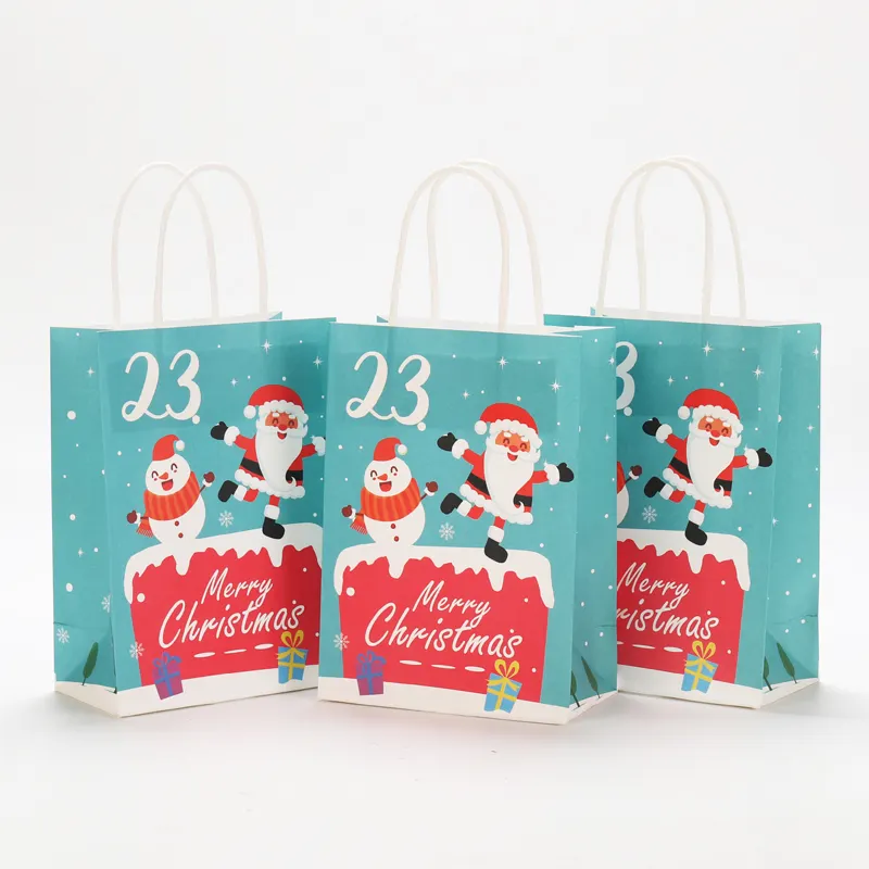 Custom Snowman Design Holiday Party Merry Christmas Decoration White Kraft Paper Carrier sacchetti di imballaggio regalo con manici