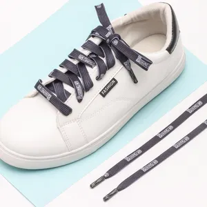 Hot Selling Customized Polyester Flat Grey Logo Printed Shoelaces with Plastic Aglets for Casual Shoes