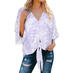 Premium Womens Custom Polynesian Monstera Leaf lavender V Neck Tie Knot Front Tops 3/4 Sleeve Chiffon Casual Blouse Shirts Comfy