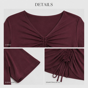 T-shirt en soie de mûrier pour femme, col en V, manches courtes, coupe ajustée, haut en maille avec cordon de serrage, logo personnalisé, doux, respirant, idéal pour l'été - Product Image 3