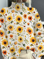 Pull en tricot à imprimé tournesol pour femme, col montant, manches longues, motif floral, blanc