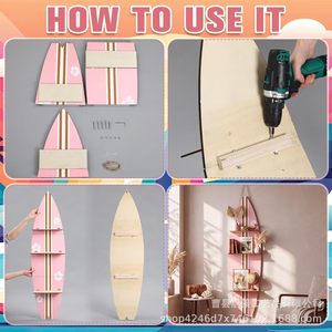 Estante de pared para tablas de surf, organizador de almacenamiento colgante de 3 niveles con rayas rosas y doradas para decoración con temática de playa - Product Image 4