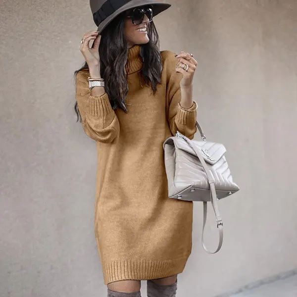 Woman Lady Sleeve Dress Recycled Polyester Women Casual Half Zip Turn Down Collar Knitted Long Sweaters