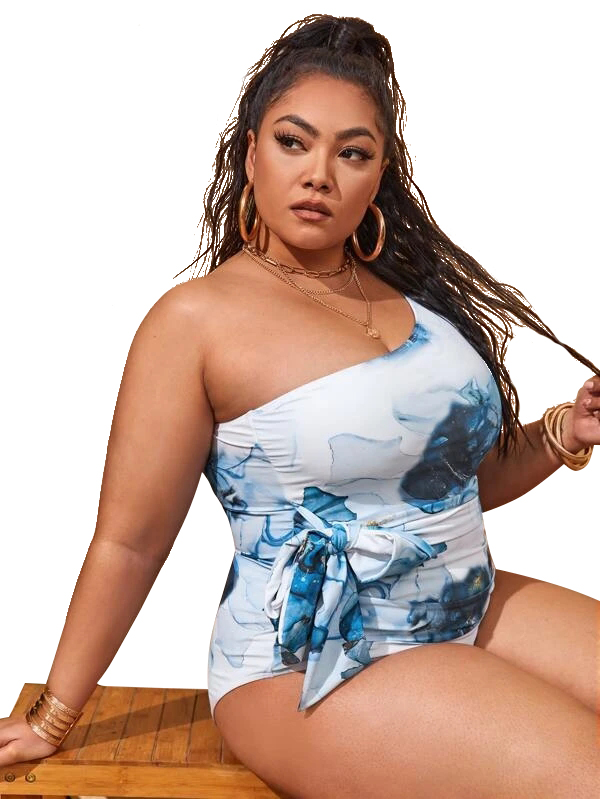 2022 New Design DAMO Plus Size One Shoulder Swimsuits Bow Tie One Piece Simple White