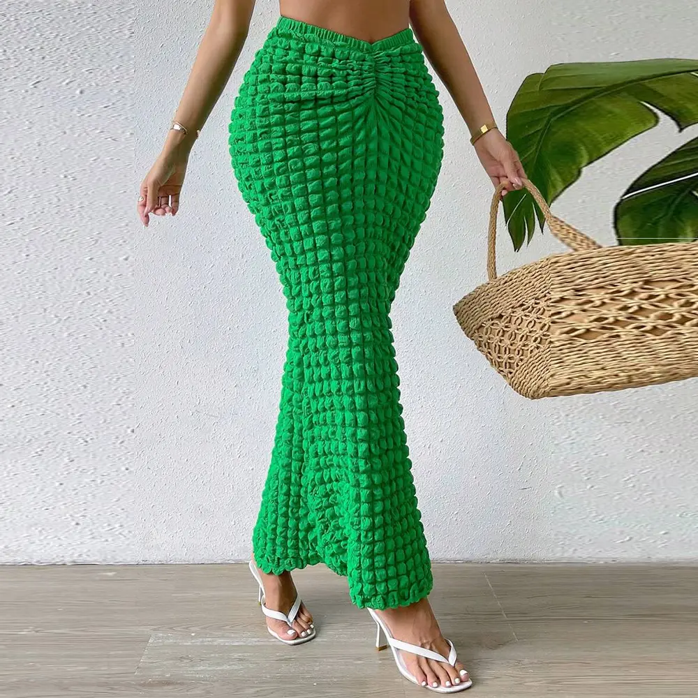 Spring New Bubble Ankle Length Dress Women Sexy Elegant Green Stretch Bodysuit High Waist Orange Club Outfit Ruched Maxi Skirt