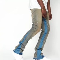 Pantalon en denim vintage bleu personnalisé design trou de détresse évasé fit blue jeans graffiti peinture éclaboussures élastique hommes jeans fabricant