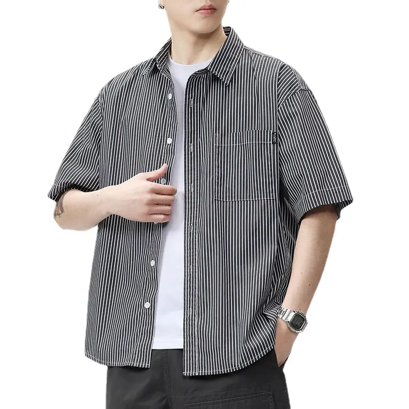 Summer men's retro wide striped short sleeved shirt with lapel single button short sleeved shirt