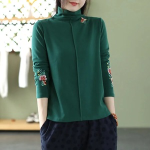 Traditional Chinese Embroidered Wool Slim Fit Semi High Collar Base Shirt Women's Long Sleeve Autumn Winter Inner Layer - Product Image 3