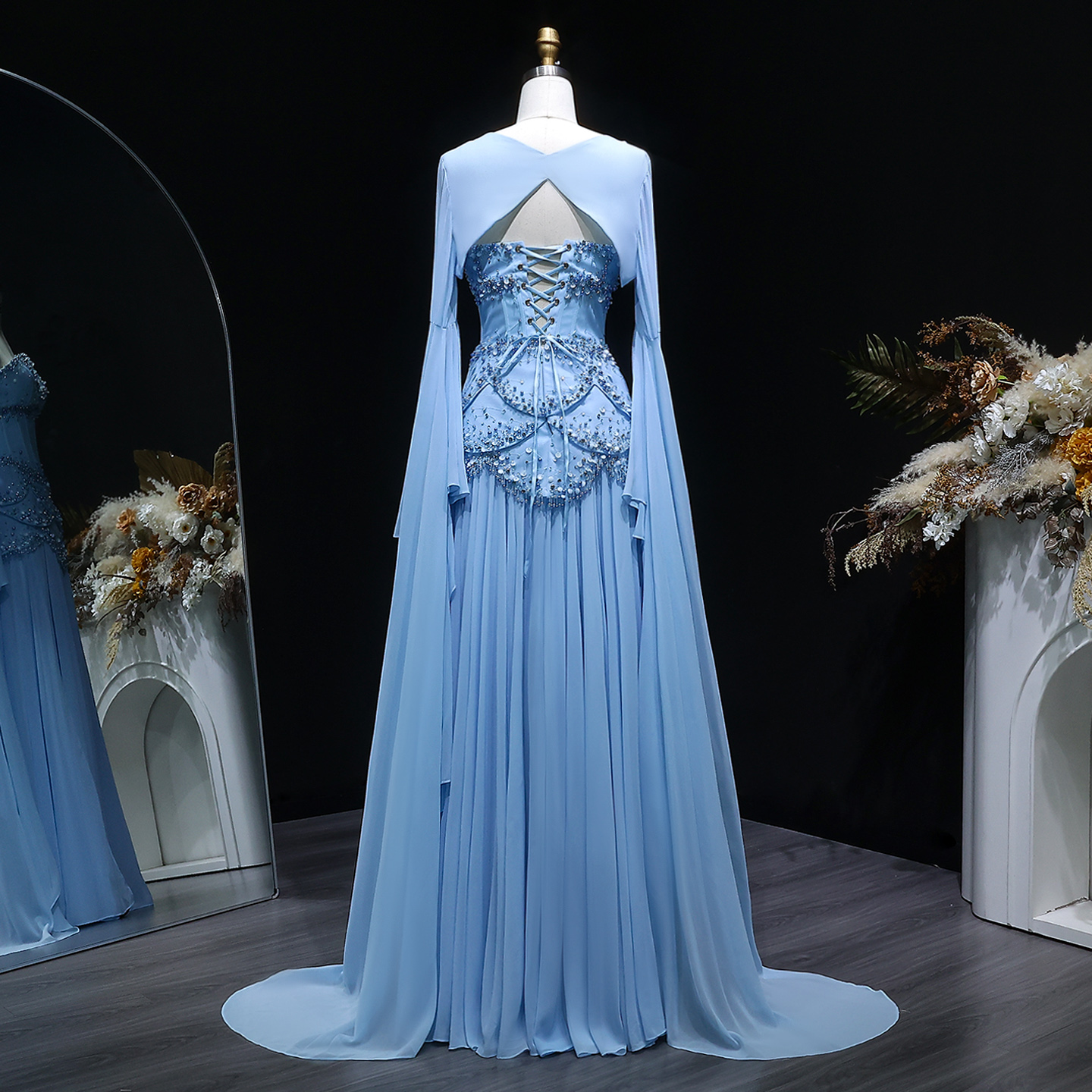 light blue evening dress Elegant Light Blue Satin Arabic Evening Dress with Overskirt SF048 –  DreamyVow
